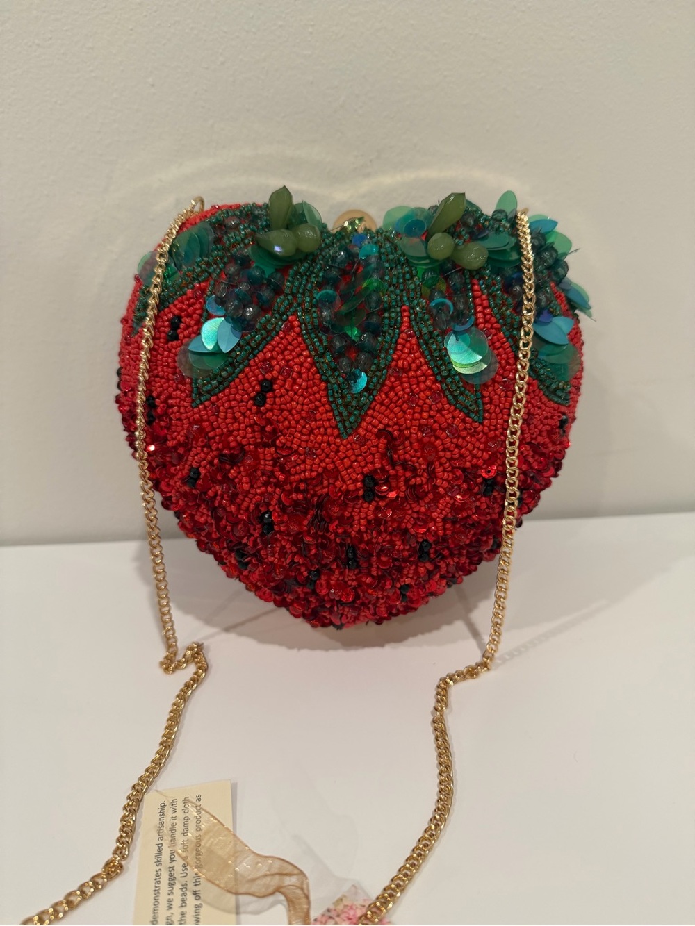 Red Strawberry Beaded Crossbody Bag with Green Sequin Accents